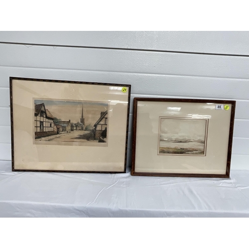 46 - FRAMED WATERCOLOUR SIGNED AND DATED 1924 AND A FRAMED COLOUR ETCHING WITH PENCIL SIGNATURE - LARGST ... 