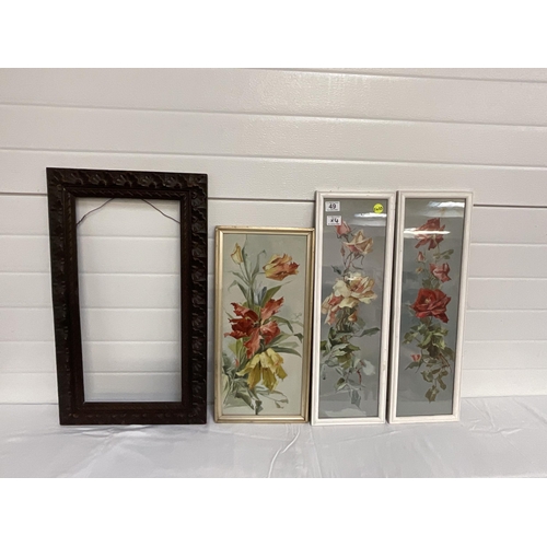 49 - 3 FRAMED FLORAL PRINTS AND A CARVED OAK FRAME 27