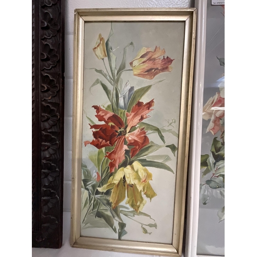 49 - 3 FRAMED FLORAL PRINTS AND A CARVED OAK FRAME 27