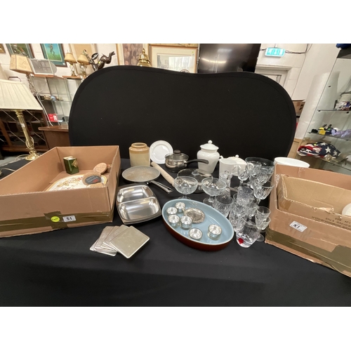 51 - 2 BOXES OF KITCHENWARE, GLASS, CHINA ETC