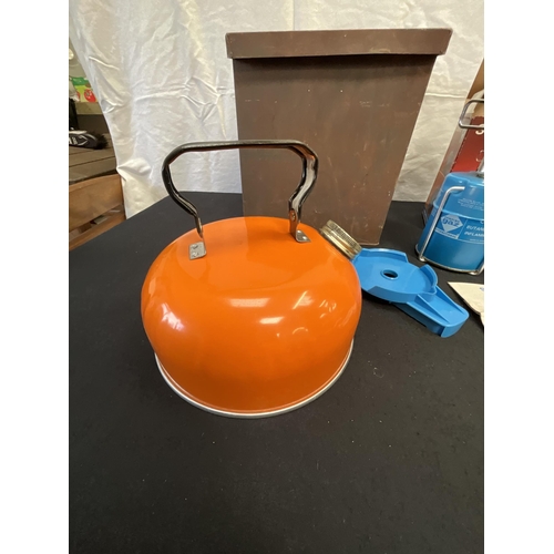 60 - VINTAGE TIN WITH CAMPING STOVE AND KETTLE