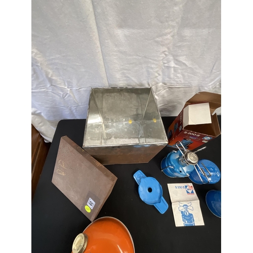 60 - VINTAGE TIN WITH CAMPING STOVE AND KETTLE