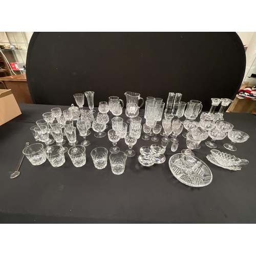 61 - 2 BOXES OF GLASSWARE TO INCLUDE WATER JUGS DRINKING GLASSES, CANDLESTICKS ETC