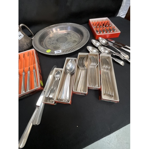 74 - QTY OF BOXED CUTLERY, PLATED TRAY ETC