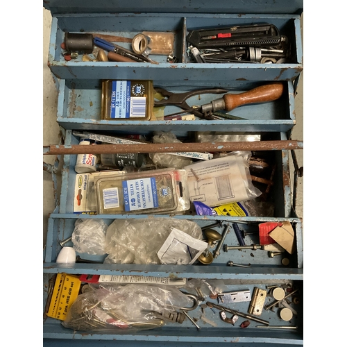 84 - 1 BOX OF HARDWARE TO INCLUDE TOOLBOX, SOCKET SETS, HAMMERS ETC