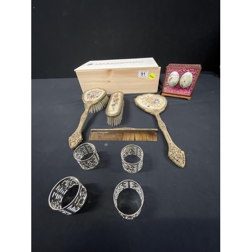 91 - VINTAGE DRESSING TABLE SET, NAPKIN RINGS AND PAIR OF HANDPAINTED EGGS