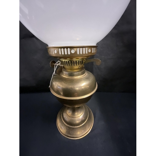 106 - BRASS OIL LAMP COMPLETE WITH SHADE AND CHIMNEY H19