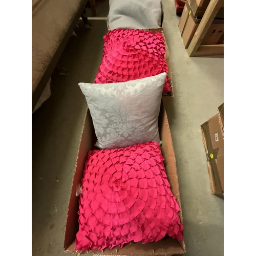 129 - 3 BOXES OF SCATTER CUSHIONS, LINEN, SMALL CARPETS ETC