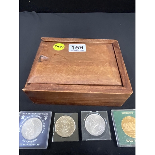 159 - WOODEN BOX OF COINS, BANK NOTES ETC