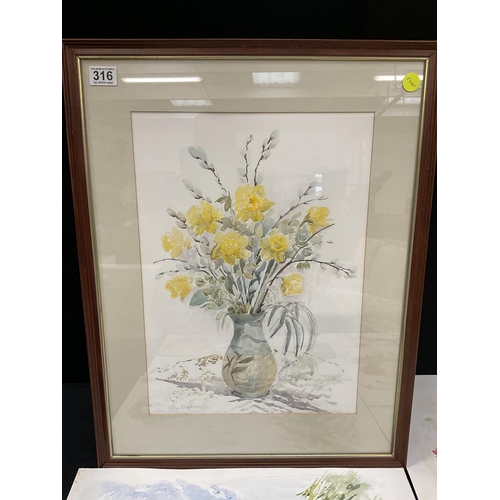 316 - QTY OF UNFRAMED WATERCOLOUR PICTURES BY GILL CLARKSON ANDA FRAMED EXAMPLE