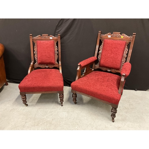 339 - PAIR OF EDWARDIAN MAHOGANY RED UPHOILSTERED LADIES AND GENTS CHAIRS