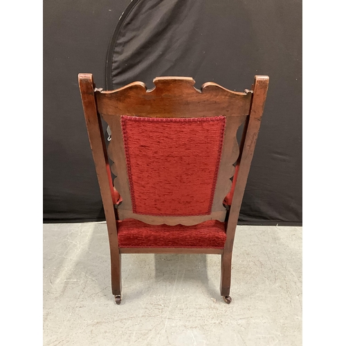 339 - PAIR OF EDWARDIAN MAHOGANY RED UPHOILSTERED LADIES AND GENTS CHAIRS