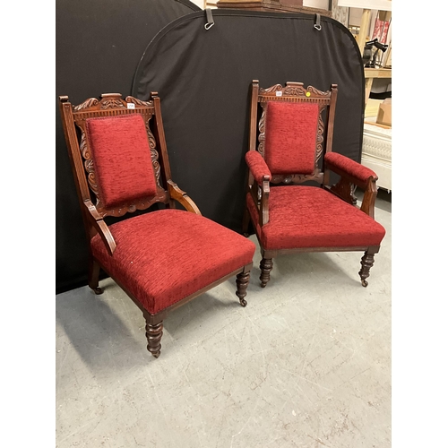 339 - PAIR OF EDWARDIAN MAHOGANY RED UPHOILSTERED LADIES AND GENTS CHAIRS