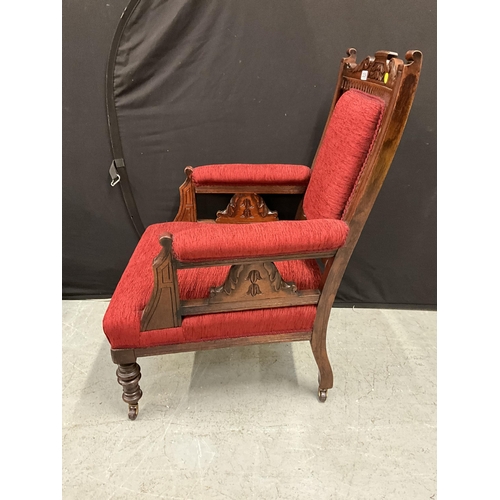 339 - PAIR OF EDWARDIAN MAHOGANY RED UPHOILSTERED LADIES AND GENTS CHAIRS