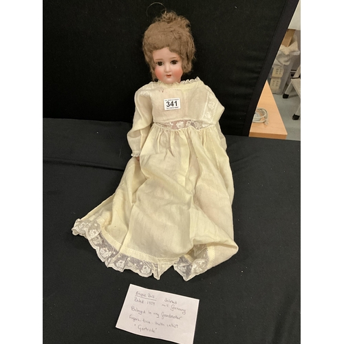 341 - GERMAN BISQUE HEADED JOINTED DOLL DATED 1909 - GERTRUDE- AS FOUND