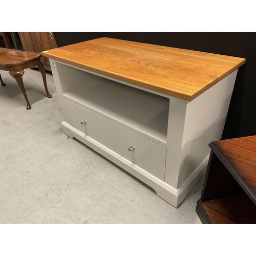 355 - GREY AND OAK FLAT SCREEN TV STAND WITH SINGLE DRAWER TO BASE BADGED CHATSWORTH CABINETS NO 1216-049 ... 