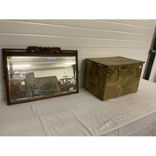 357 - BRASS SLIPPER BOX AND OAK FRAMED MIRROR