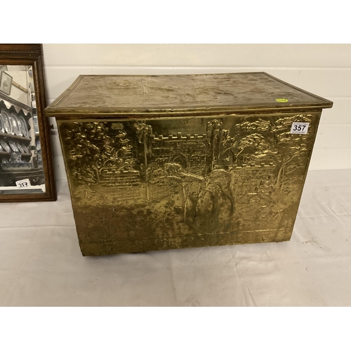 357 - BRASS SLIPPER BOX AND OAK FRAMED MIRROR