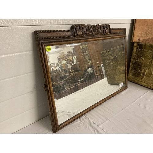 357 - BRASS SLIPPER BOX AND OAK FRAMED MIRROR