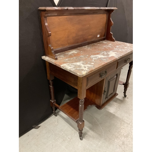 370 - EDWARDIAN MAHOGANY MARBLE TOP WASHSTAND WITH 2 DRAWERS OVER SINGLE DOOR TO BASE H46