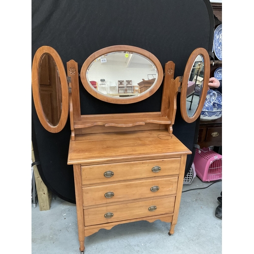 414 - EDWARDIAN SATINWOOD TRIPLE MIRROR DRESSING TABLE WITH 3 DRAWERS H60