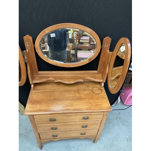 414 - EDWARDIAN SATINWOOD TRIPLE MIRROR DRESSING TABLE WITH 3 DRAWERS H60