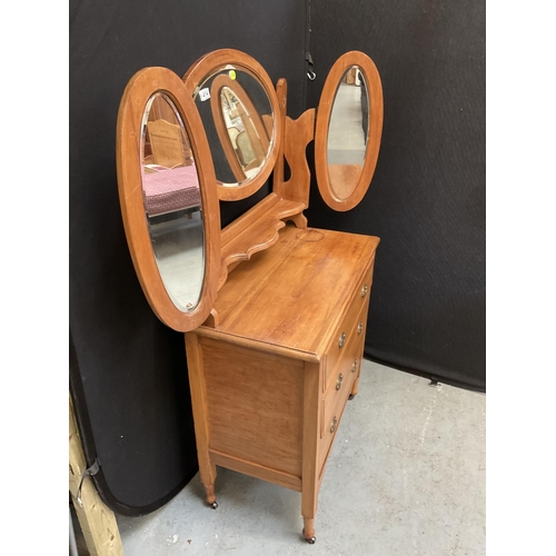 414 - EDWARDIAN SATINWOOD TRIPLE MIRROR DRESSING TABLE WITH 3 DRAWERS H60