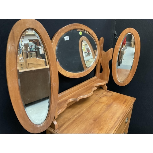 414 - EDWARDIAN SATINWOOD TRIPLE MIRROR DRESSING TABLE WITH 3 DRAWERS H60