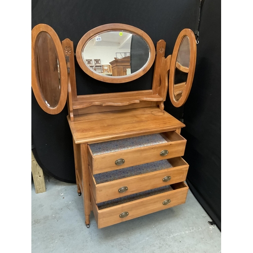 414 - EDWARDIAN SATINWOOD TRIPLE MIRROR DRESSING TABLE WITH 3 DRAWERS H60