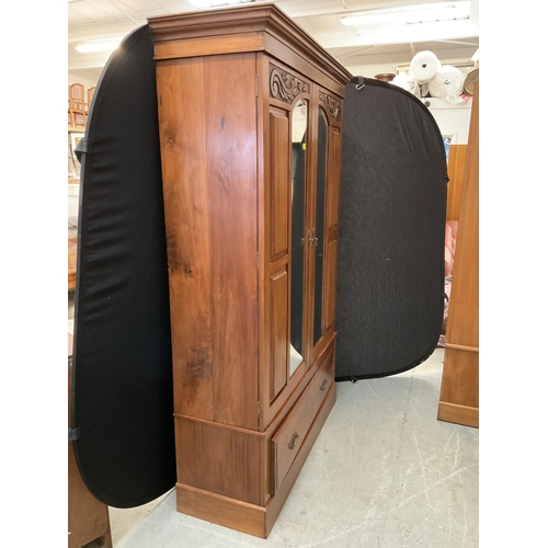 416 - EDWARDIAN SATINWOOD MIRROR DOOR DOUBLE WARDROBE WITH DRAWER TO BASE H76