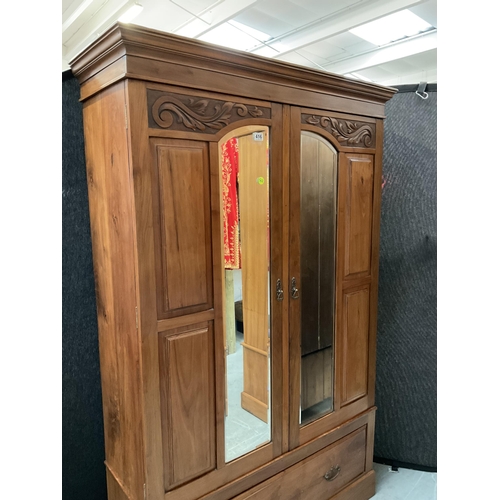 416 - EDWARDIAN SATINWOOD MIRROR DOOR DOUBLE WARDROBE WITH DRAWER TO BASE H76