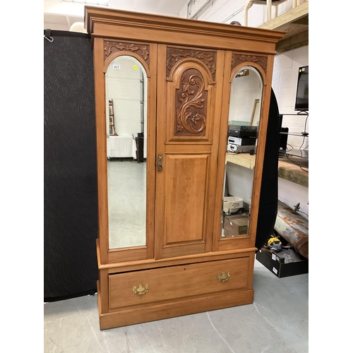 417 - EDWARDIAN SATINWOOD MIRROR DOOR DOUBLE WARDROBE WITH CARVED PANEL TO CENTRE AND DRAWER TO BASE H79