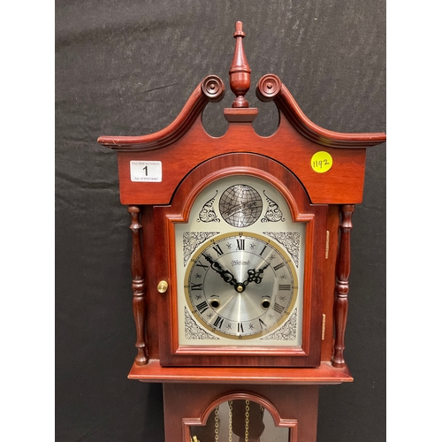 1 - REPRODUCTION MAHOGANY GRANDMOTHER CLOCK H57” W12” D9”