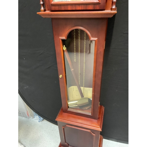 1 - REPRODUCTION MAHOGANY GRANDMOTHER CLOCK H57” W12” D9”