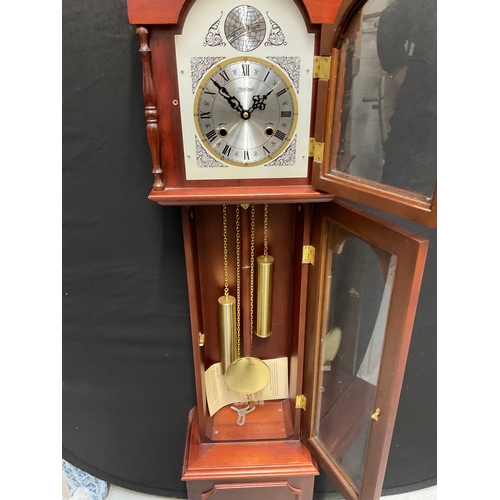 1 - REPRODUCTION MAHOGANY GRANDMOTHER CLOCK H57” W12” D9”