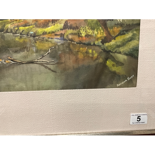 5 - MODERN FRAMED WATERCOLOUR OF RIVER SCENE SIGNED ARTHUR HUNT