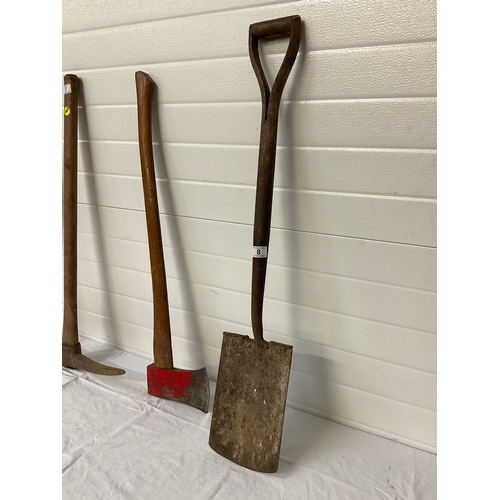 8 - QTY TOOLS TO INCLUDE SLEDGEHAMMER, PICK, AXE AND SPADE