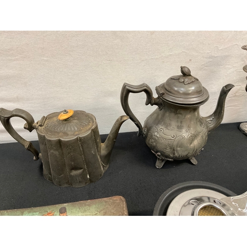 31 - QTY METALWARE TO INCLUDE PEWTER COFFEE & TEA POTS, GOBLETS, CANDELABRA, VINTAGE TIN, ETC