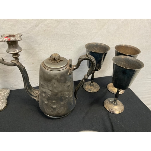 31 - QTY METALWARE TO INCLUDE PEWTER COFFEE & TEA POTS, GOBLETS, CANDELABRA, VINTAGE TIN, ETC