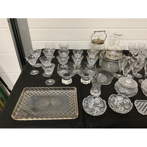 59 - 3 BOXES OF GLASSWARE TO INC BOXED DARLINGTON CAKE STAND, BISCUIT BARREL, DRINKING GLASSES ETC