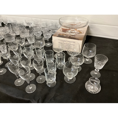 59 - 3 BOXES OF GLASSWARE TO INC BOXED DARLINGTON CAKE STAND, BISCUIT BARREL, DRINKING GLASSES ETC