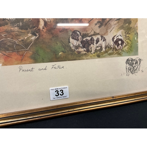 33 - GILT FRAMED LIMITED EDITION SIGNED PRINT 346/850 OF SPANIELS 19” x 23”