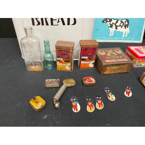 34 - QTY ADVERTISING WARE TO INCLUDE VINTAGE OXO TIN, BURDALLS GRAVY TIN, ENAMEL BREAD BIN A/F, REPRODUCT... 