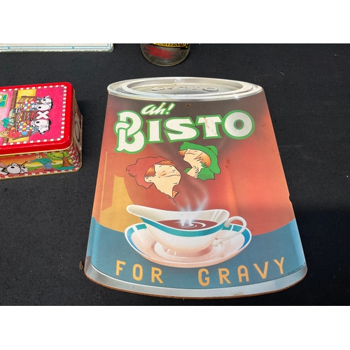 34 - QTY ADVERTISING WARE TO INCLUDE VINTAGE OXO TIN, BURDALLS GRAVY TIN, ENAMEL BREAD BIN A/F, REPRODUCT... 