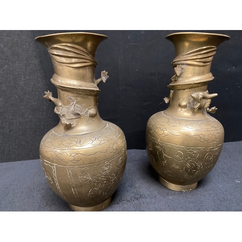 36 - PAIR OF ORIENTAL BRASS VASES A/F  H9”