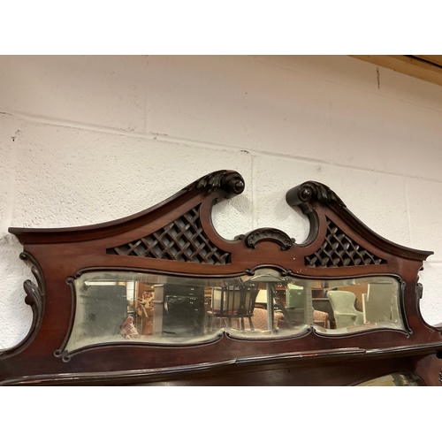 38 - EDWARDIAN MAHOGANY BEVEL EDGE SECTIONAL OVERMANTLE MIRROR H34” L58”