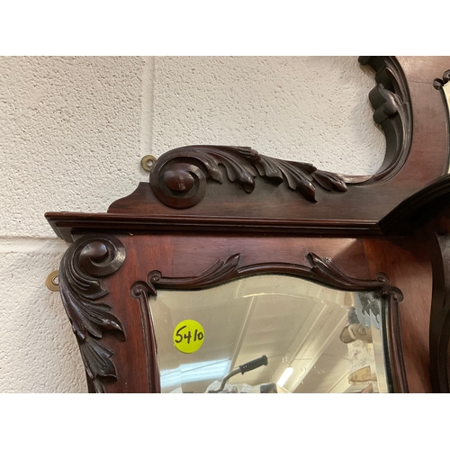 38 - EDWARDIAN MAHOGANY BEVEL EDGE SECTIONAL OVERMANTLE MIRROR H34” L58”