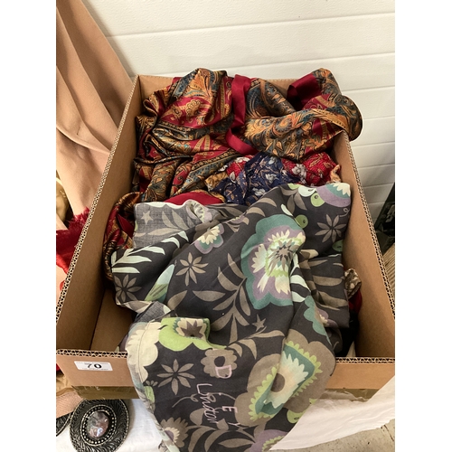 70 - BOX OF VINTAGE CLOTHES,SILK SCARFS AND HAND BAGS ETC