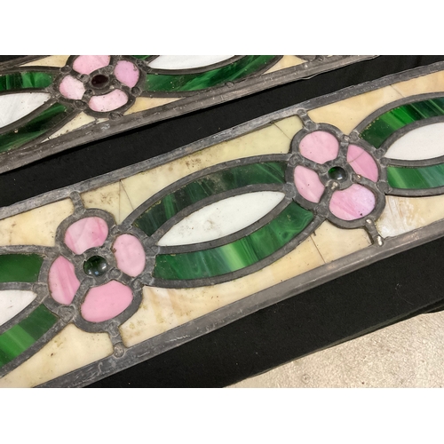 49 - 2 MODERN LEADED COLOURED GLASS PANELS A/F - LONGEST 46” x 5”