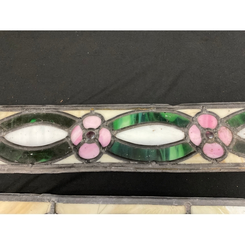 49 - 2 MODERN LEADED COLOURED GLASS PANELS A/F - LONGEST 46” x 5”